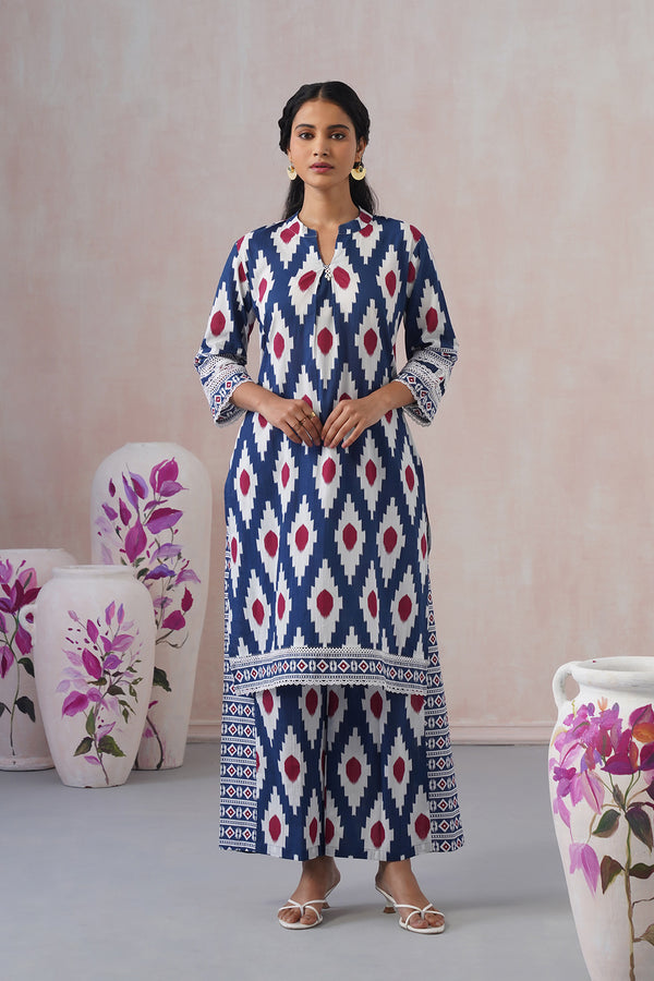 Elegant Long Co-ord Set with White Ikat Print