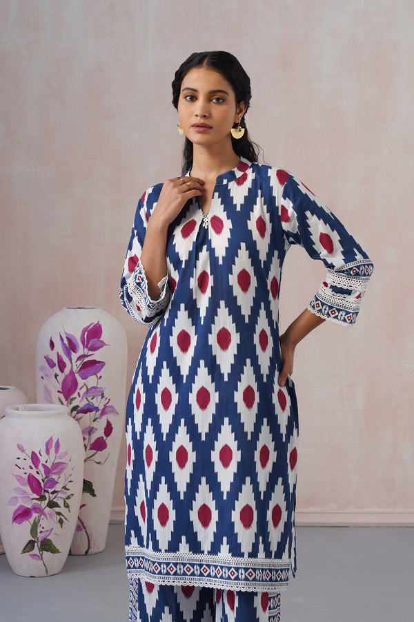 Elegant Long Co-ord Set with White Ikat Print