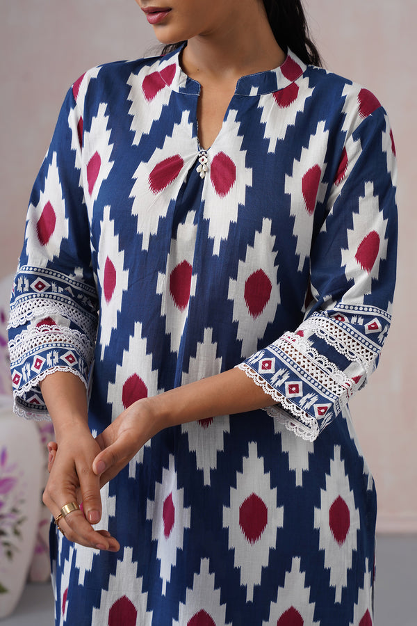 Elegant Long Co-ord Set with White Ikat Print