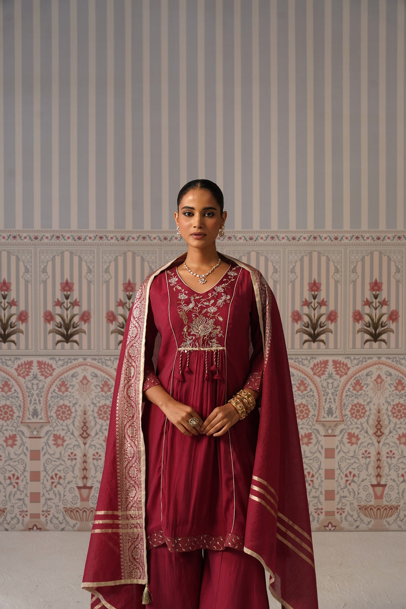 Wine Embroidered Anarkali Palazzo Set