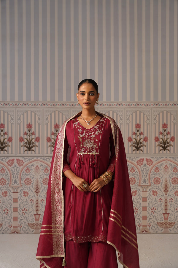 Wine Embroidered Anarkali Palazzo Set
