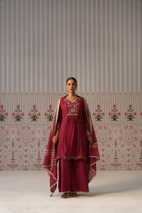 Wine Embroidered Anarkali Palazzo Set