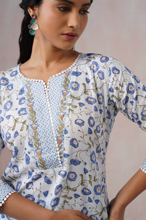 White & Blue 3Pcs Kurta Set