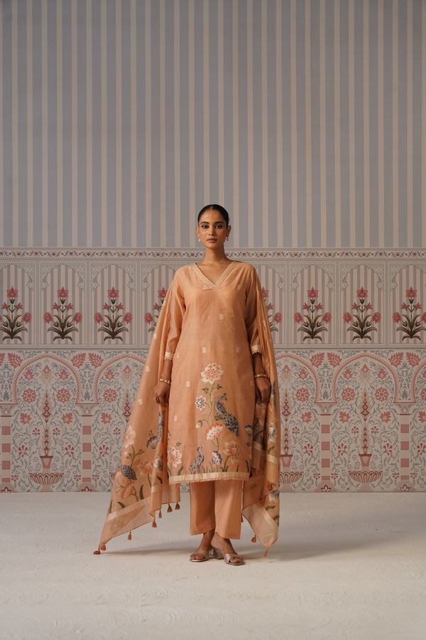 Peach Floral Peacock Printed Kurta Set
