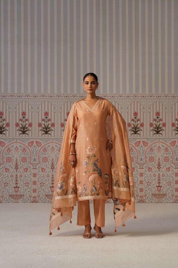 Peach Floral Peacock Printed Kurta Set