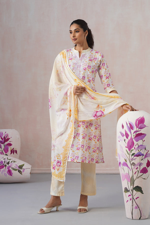 White & Yellow Straight 3Pcs Kurta Set