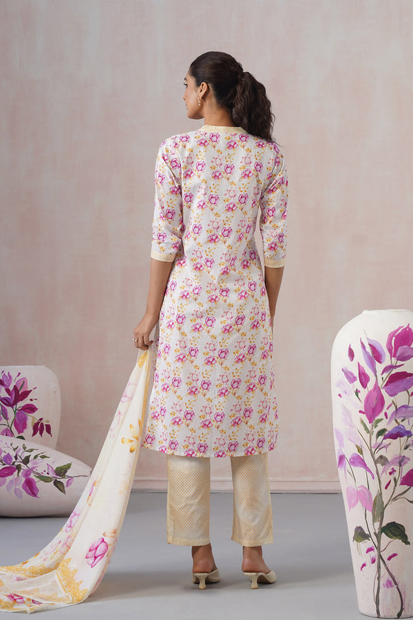 White & Yellow Straight 3Pcs Kurta Set