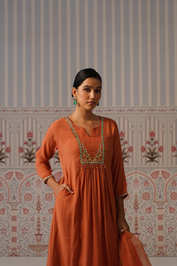 Rust Orange Embroidered Cotton Kurta Set