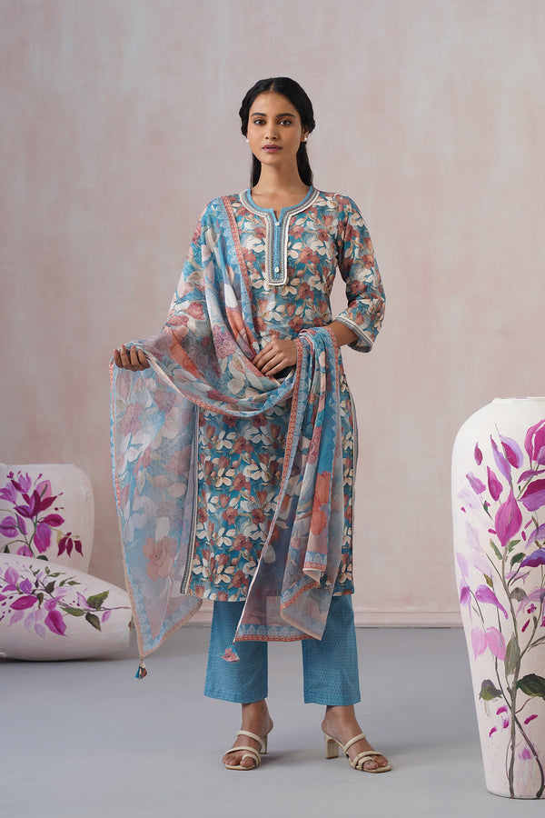 Turquoise Floral Printed Kurta Set
