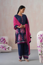 Navy Blue 3Pcs Suit with elegant floral Motif