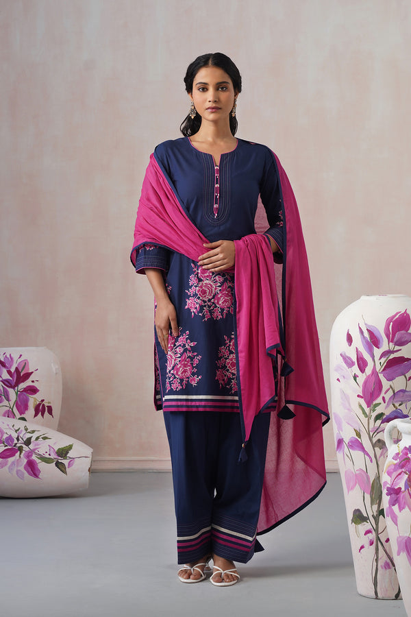 Navy Blue 3Pcs Suit with elegant floral Motif