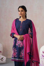 Navy Blue 3Pcs Suit with elegant floral Motif