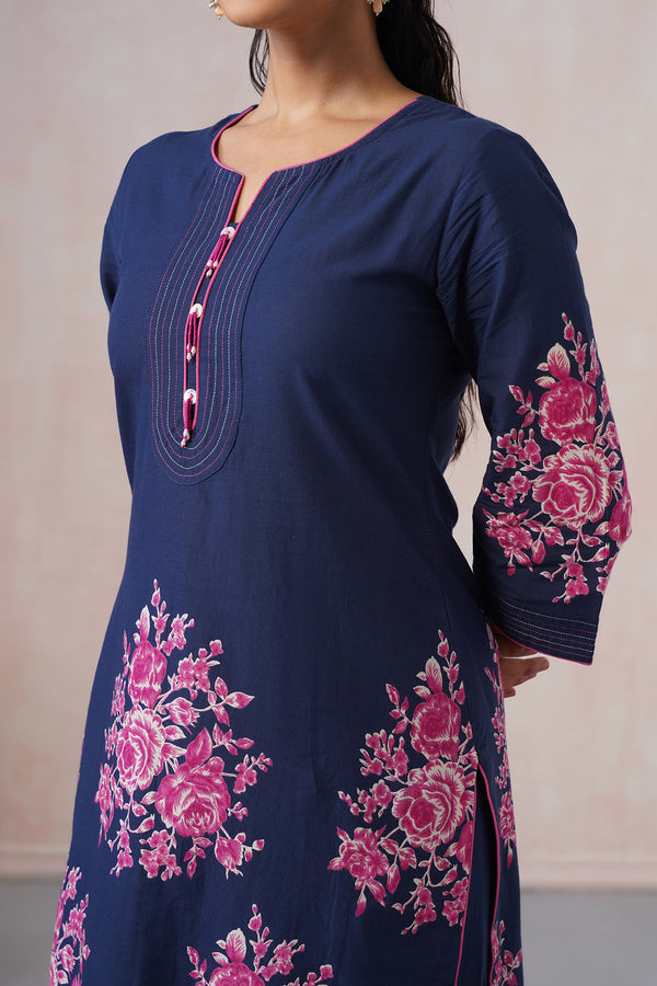 Navy Blue Kurta Sets Suit with elegant floral Motif