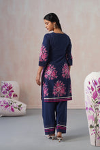 Navy Blue 3Pcs Suit with elegant floral Motif