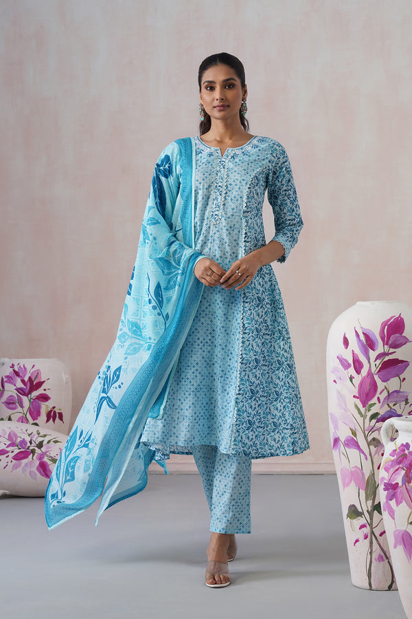 Blue Floral 3Pcs Kurta Set