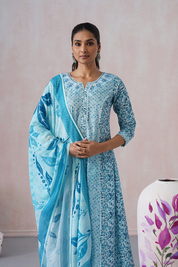 Blue Floral 3Pcs Kurta Set