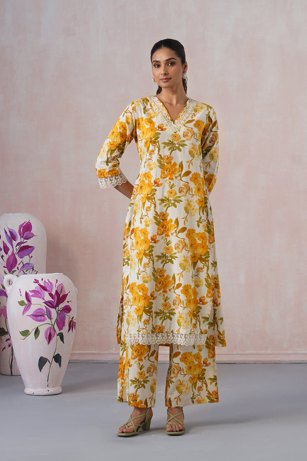 Long Floral Co-ord Set with Delicate White Lace Work