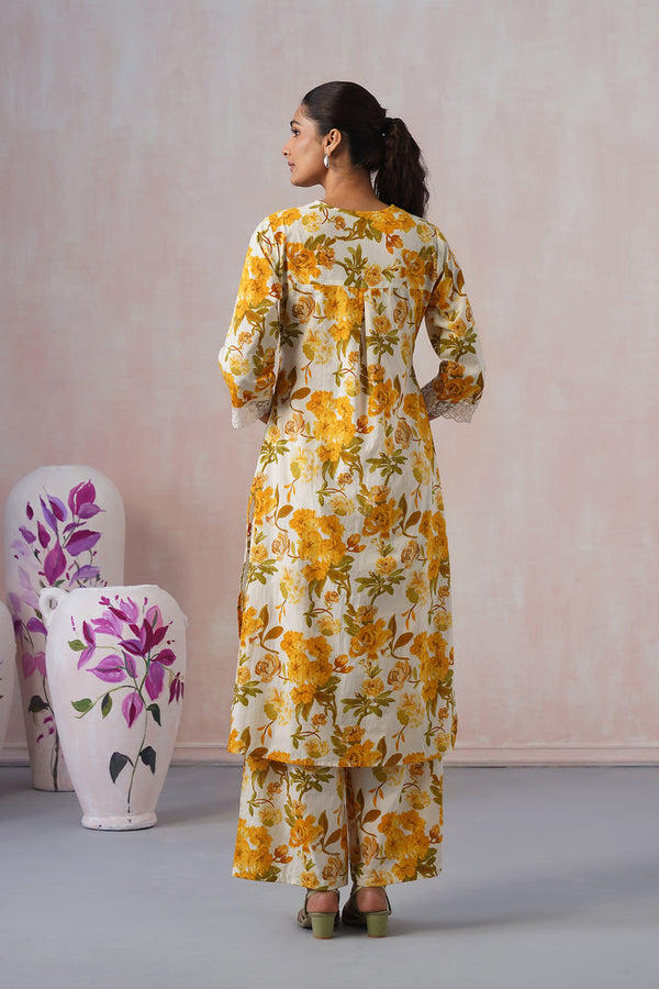 Long Floral Co-ord Set with Delicate White Lace Work