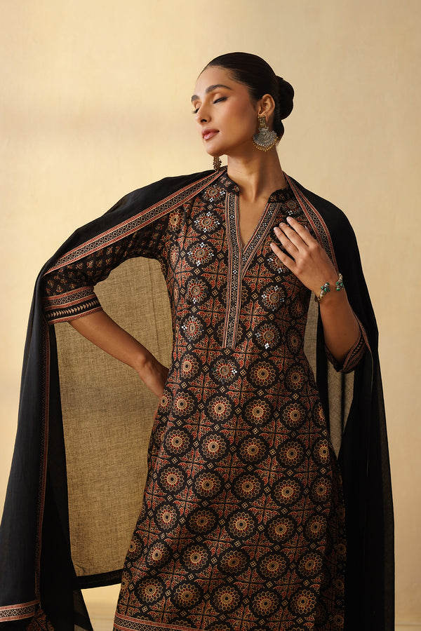 Black Ajrakh Print 3Pcs Kurta Set