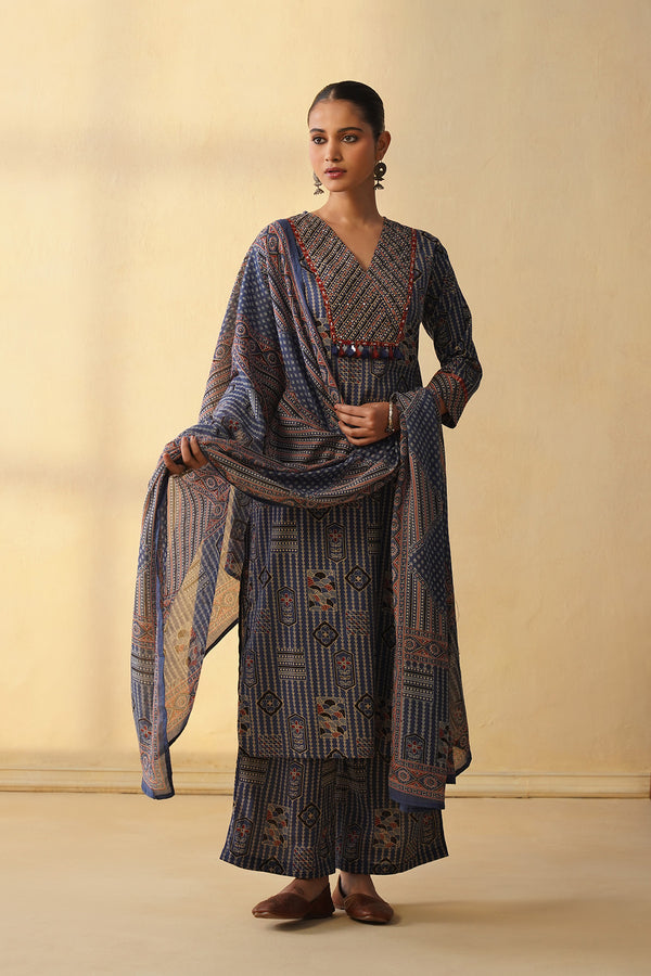 Elegant Ajrakh 3Pcs Suit with Wide Pants