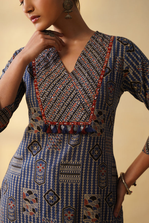 Elegant Ajrakh 3Pcs Suit with Wide Pants