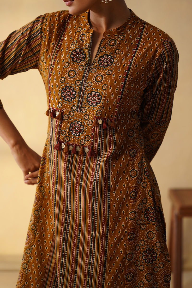 Elegant Mustard Traditional Print 3-Piece Kurta Set