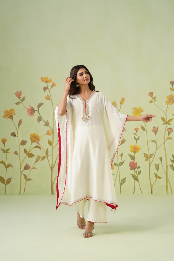 Ivory White Embroidered Kaftan Kurta Set with Contrast Border