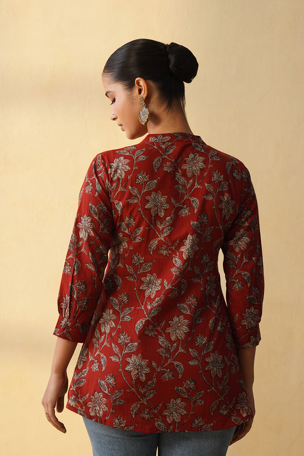 Deep Red Floral Short Kurti