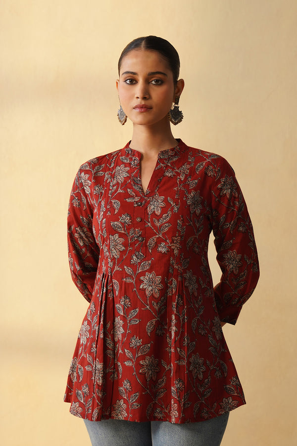 Deep Red Floral Short Kurti