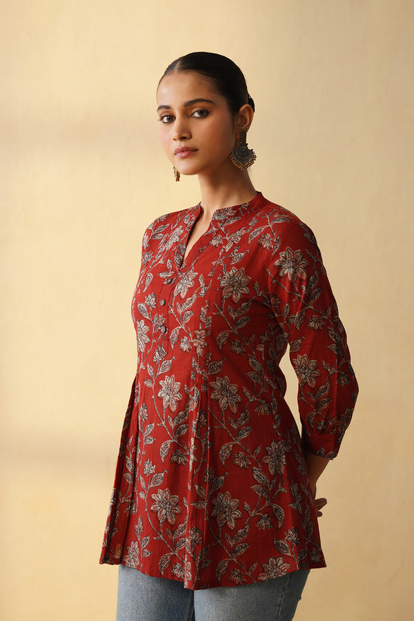 Deep Red Floral Short Kurti