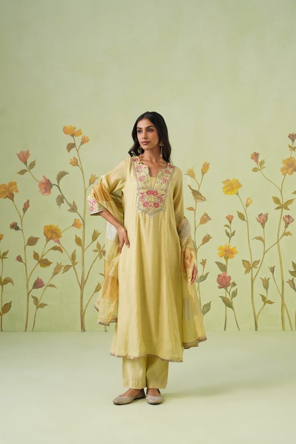 Pastel Yellow Floral Embroidered A-Line Kurta Set
