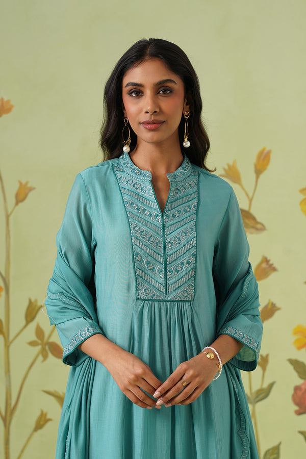 Blue Flared Kurta Set with Silver Chevron Embroidery