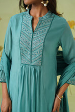 Blue Flared Kurta Set with Silver Chevron Embroidery