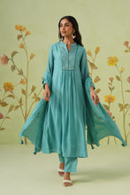 Blue Flared Kurta Set with Silver Chevron Embroidery
