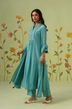 Blue Flared Kurta Set with Silver Chevron Embroidery
