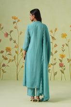 Blue Flared Kurta Set with Silver Chevron Embroidery