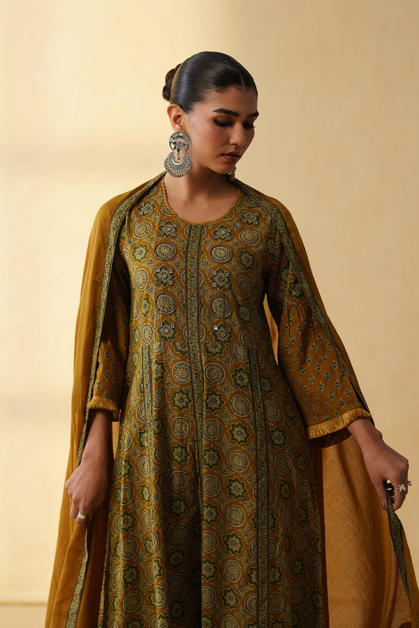Mustard Yellow Anarkali Set with Mandala Block Print