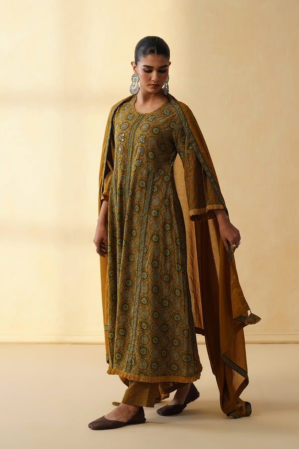 Mustard Yellow Anarkali Set with Mandala Block Print