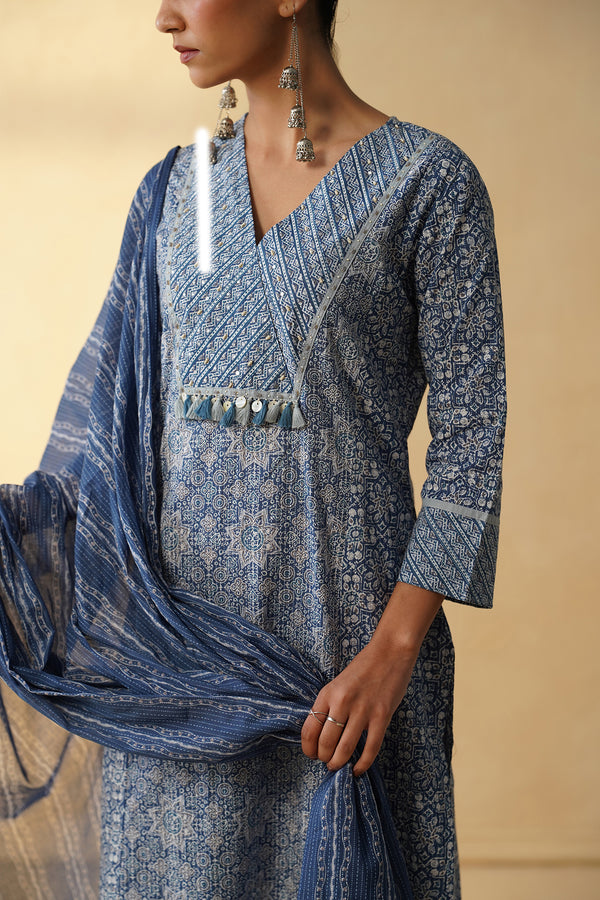 Blue 3Pcs Suit with Wide Leg Pant