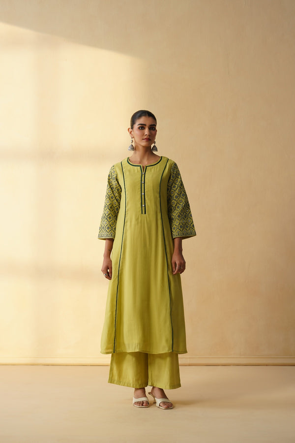 Olive Green Floral Printed Straight Kurta Set with Contrast Piping