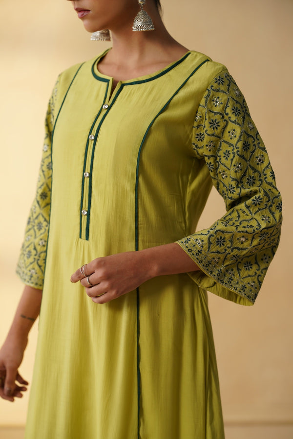 Olive Green Floral Printed Straight Kurta Set with Contrast Piping