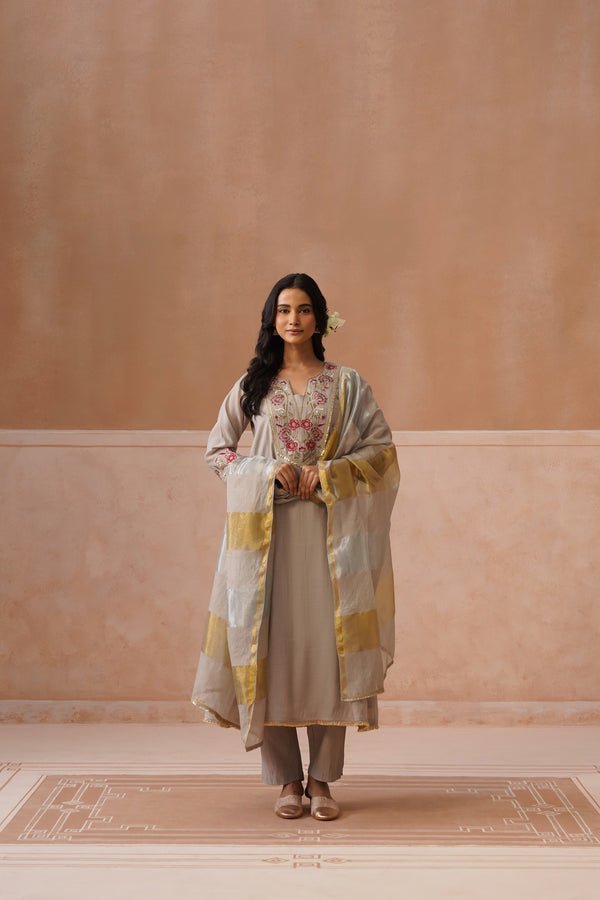 Grey Floral Embroidered Kurta Set with Golden Sheer Dupatta