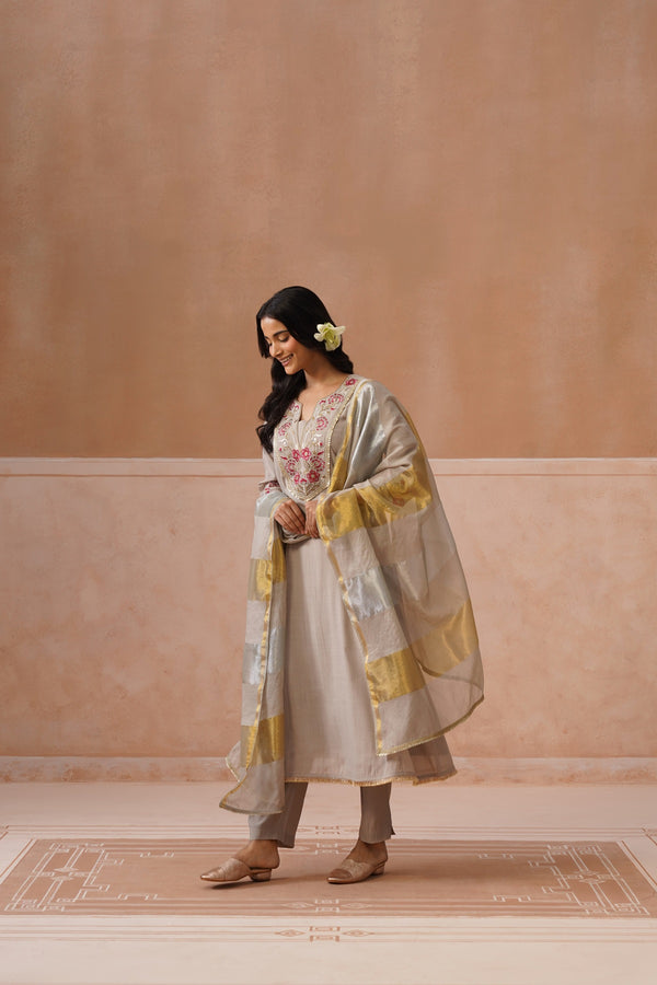 Grey Floral Embroidered Kurta Set with Golden Sheer Dupatta