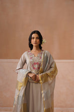 Grey Floral Embroidered Kurta Set with Golden Sheer Dupatta