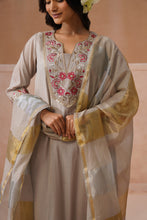 Grey Floral Embroidered Kurta Set with Golden Sheer Dupatta