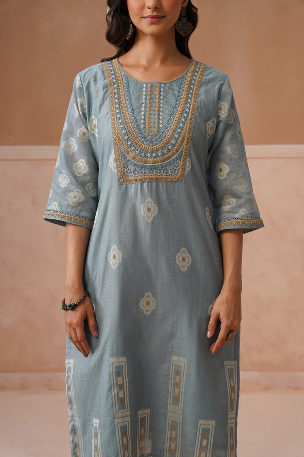 Powder Blue Printed Embroidered Kurta Set