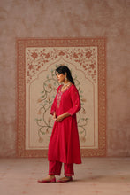 Raspberry Red Embroidered Kalidar Kurta Set