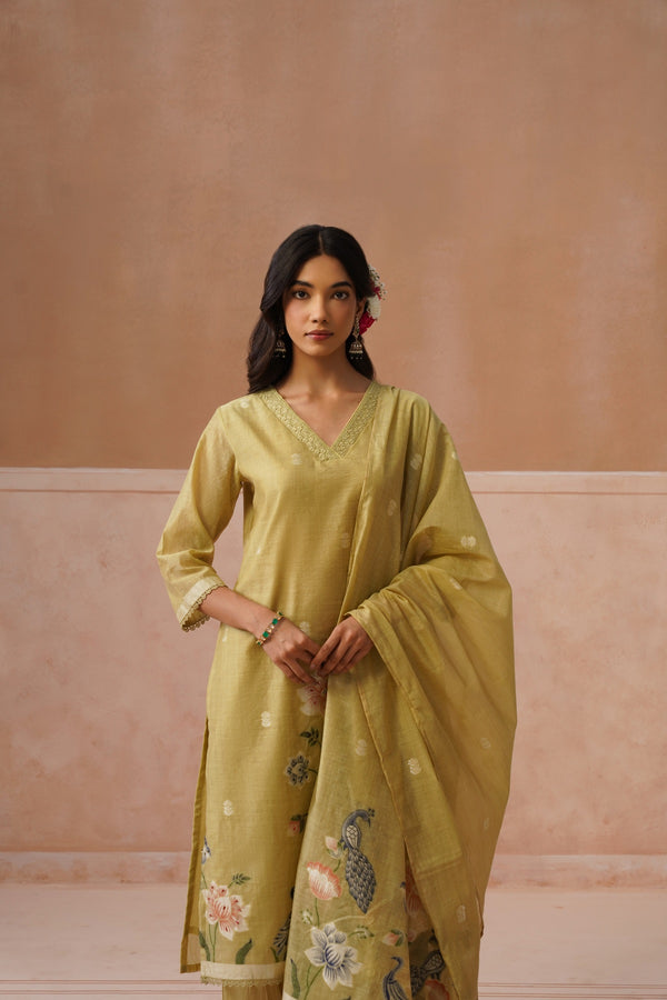 Olive Green Peacock Print Kurta Set