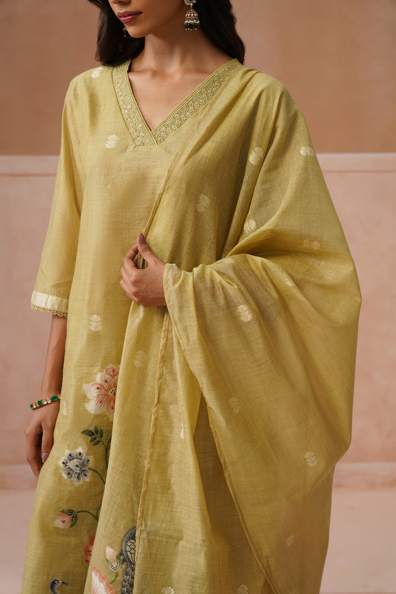 Olive Green Peacock Print Kurta Set