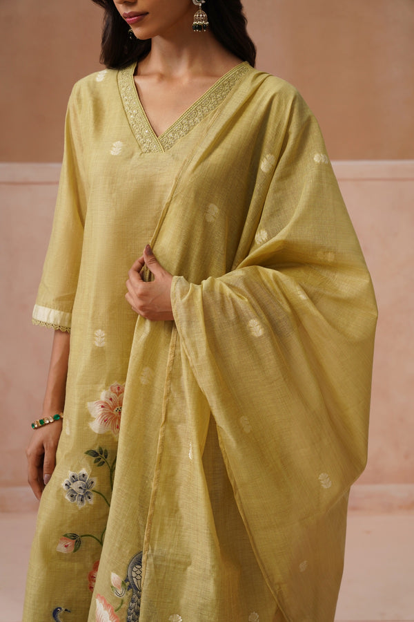 Olive Green Peacock Print Kurta Set
